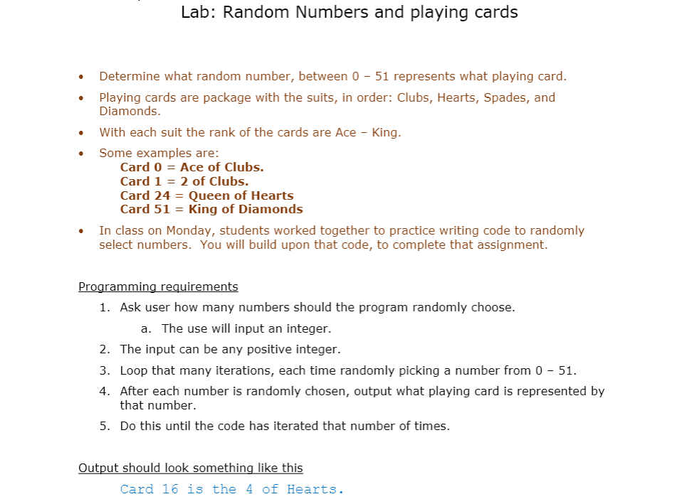 Solved Lab: Random Numbers and playing cards Determine what | Chegg.com