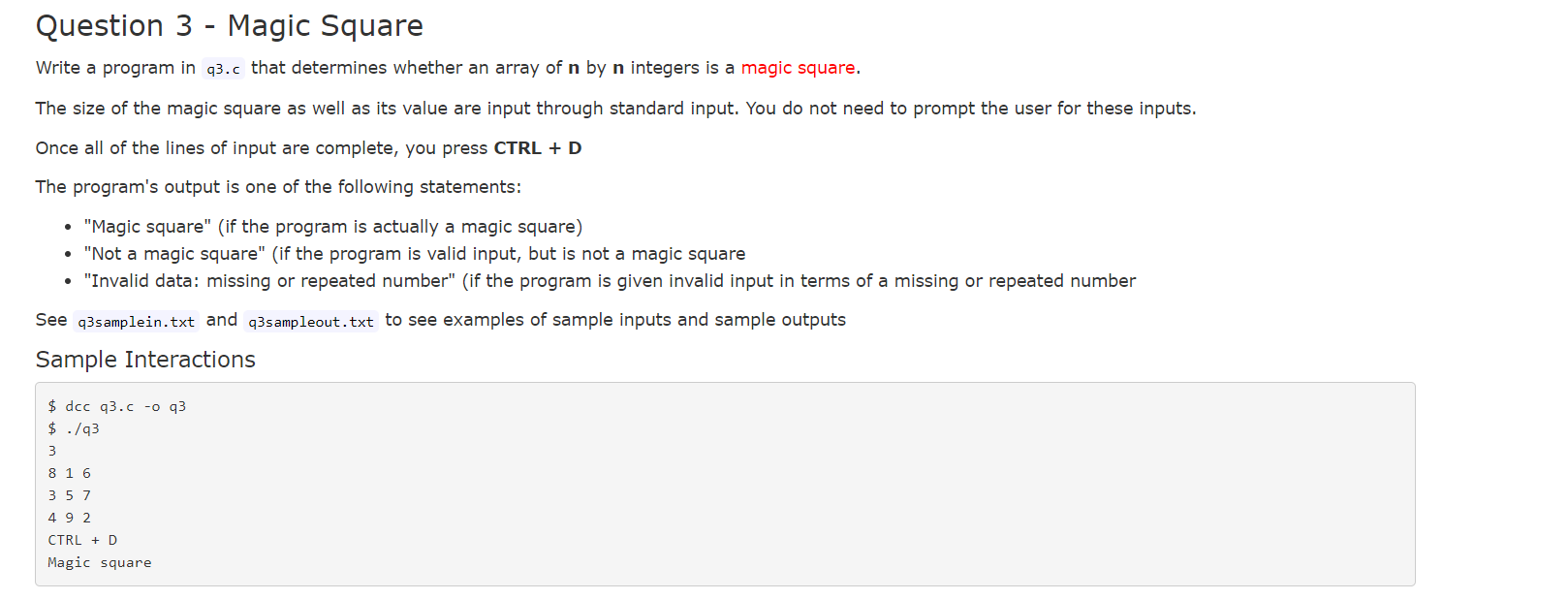 Solved Question 3 - Magic Square Write a program in q3.c | Chegg.com
