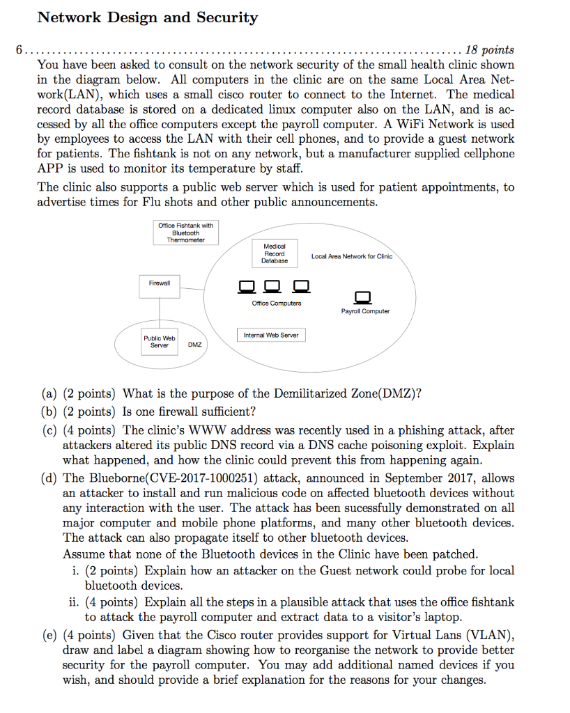 Network Design and Security 6 ..................... .............. 18 points You have been asked to consult on the network se