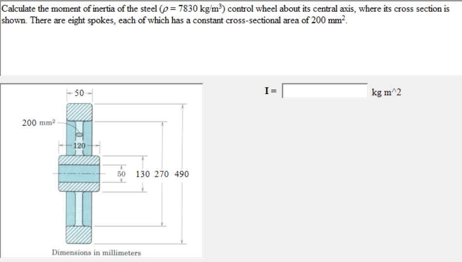 Calculate the moment of inertia of the steel \( \left(\rho=7830 \mathrm{~kg} / \mathrm{m}^{3}\right) \) control wheel about i