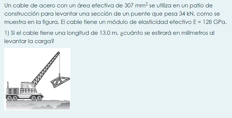 Un cable de acero con un área efectiva de \( 307 \mathrm{~mm}^{2} \) se utiliza en un patio de construcción para levantar una