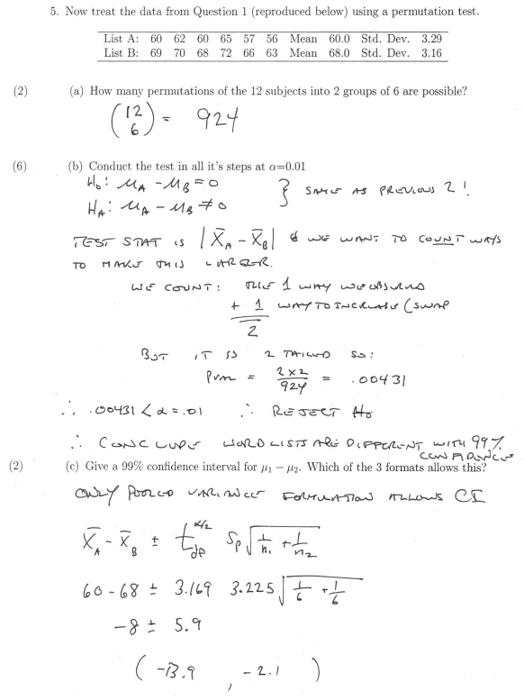 Solved 5. Now treat the data from Question 1 (reproduced | Chegg.com