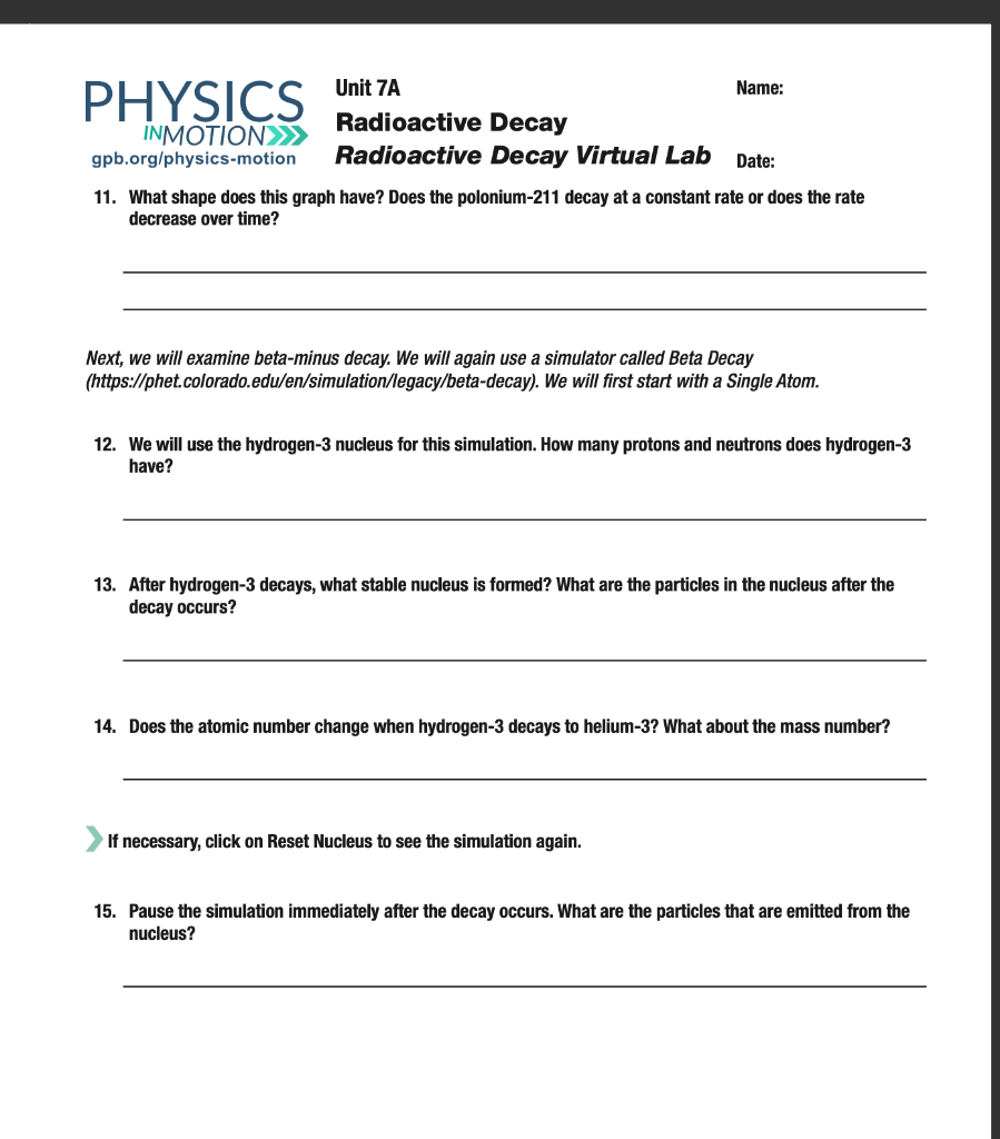 Solved PHYSICS Unit 7A Name Radioactive Decay INMOTION>>>
