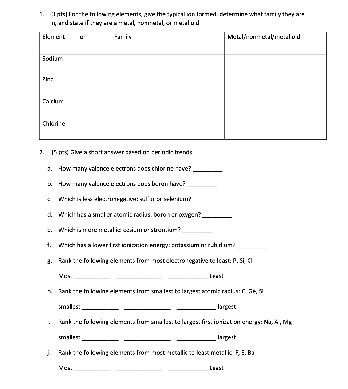 Solved 1. (3 pts) For the following elements, give the | Chegg.com