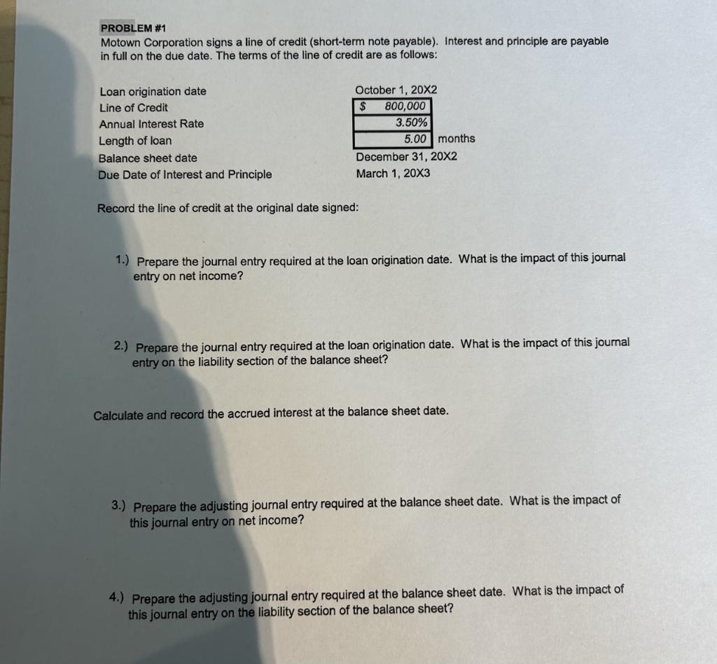 Solved PROBLEM \1 Motown Corporation signs a line of credit
