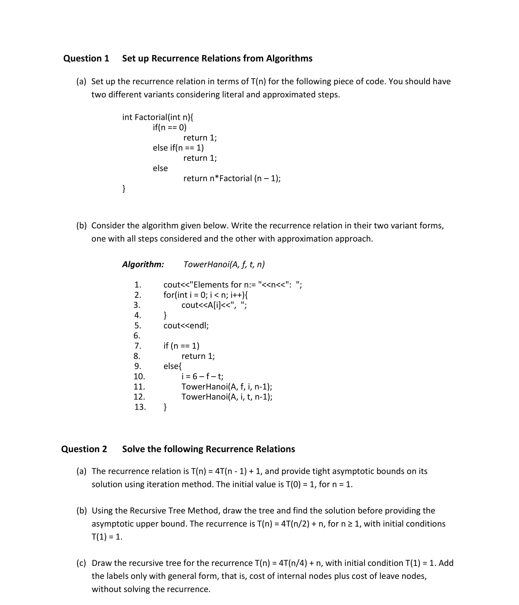 Solved Question 1 ﻿Set up Recurrence Relations from | Chegg.com