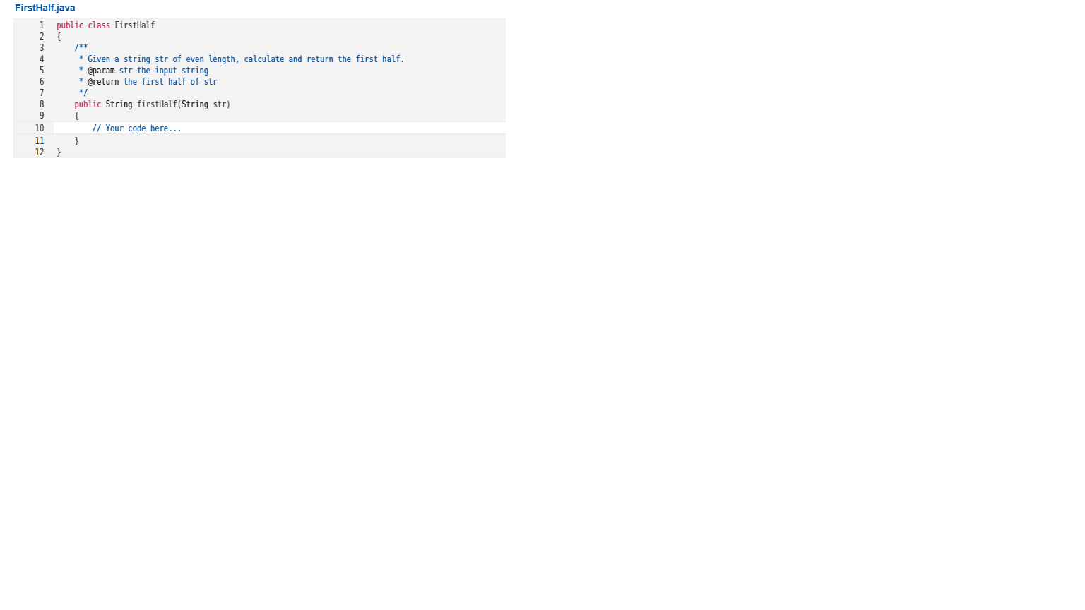 Solved First Half.java 1 public class FirstHalf { /** * | Chegg.com