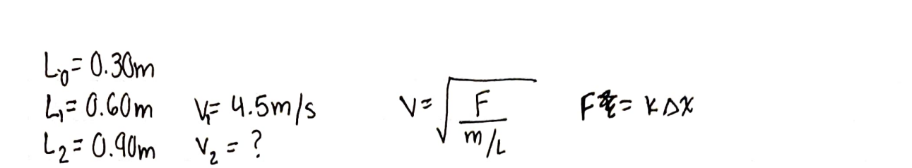 Solved L0=0.30 mL1=0.60 mL2=0.90 mV1=4.5 m/sV2=?V= m/LF | Chegg.com
