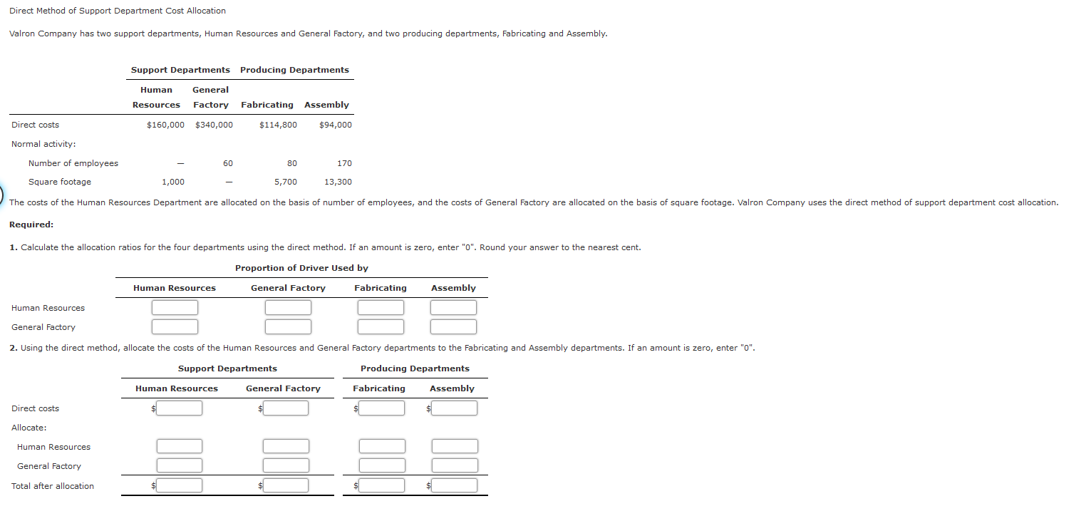 Solved Direct Method of Support Department Cost Allocation | Chegg.com