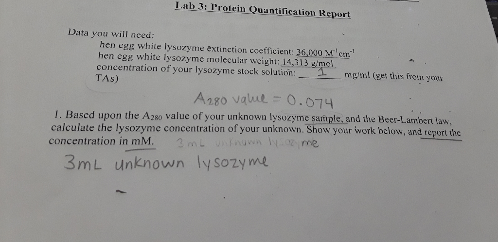 Solved Lab 3 Protein Quantification Report Data You Will Chegg Com