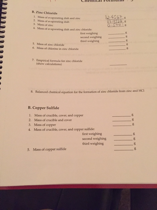 B. Zinc Chloride 1. Mass of evaporating dish and zinc
