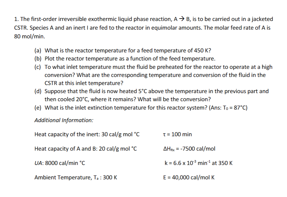 Solved The first-order irreversible exothermic liquid phase | Chegg.com