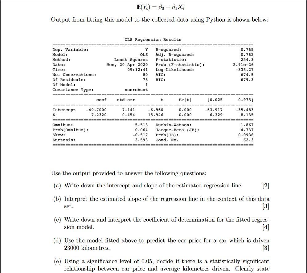 Solved FYY) = Bo + BiX; Output from fitting this model to | Chegg.com