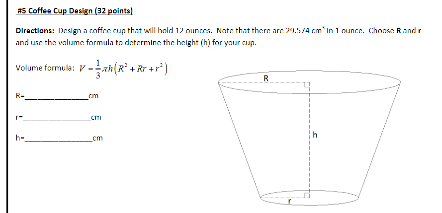 Lateral Area, Total Area, and Volume of a Coffee Cup 