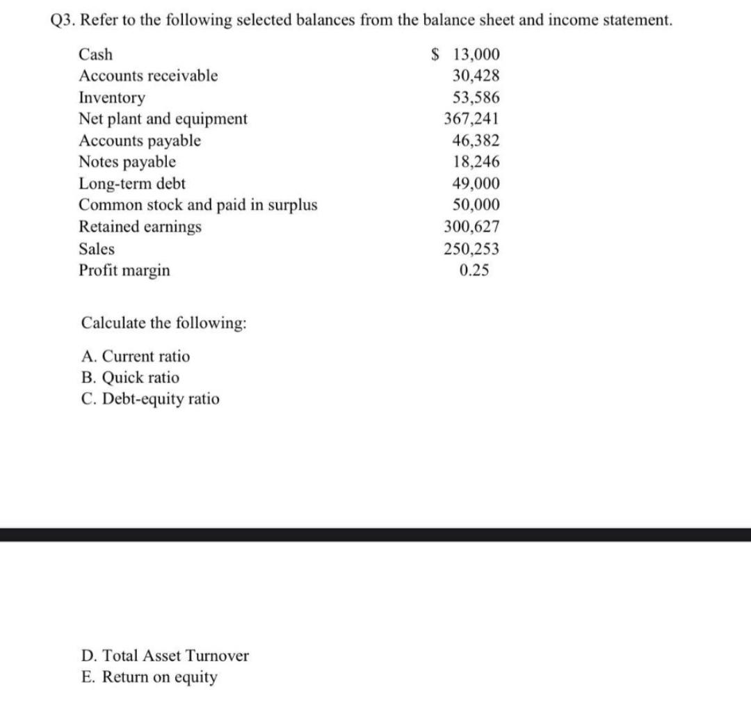 Solved Q3. Refer To The Following Selected Balances From The | Chegg.com