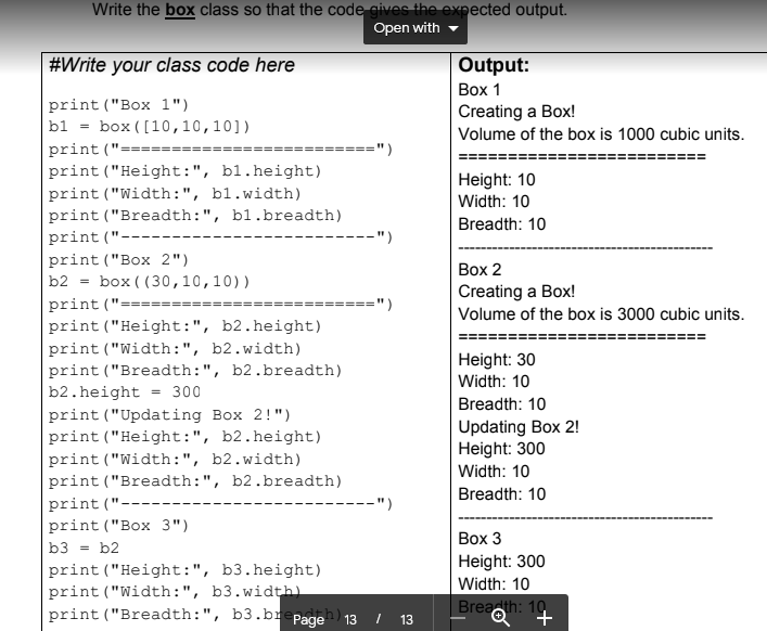 Solved Write the box class so that the code gives the | Chegg.com