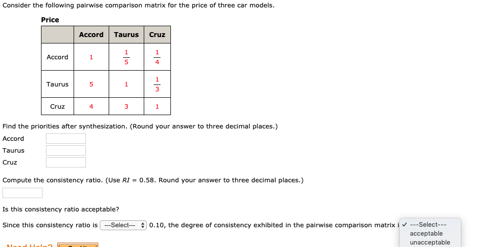Consider the following pairwise comparison matrix for | Chegg.com