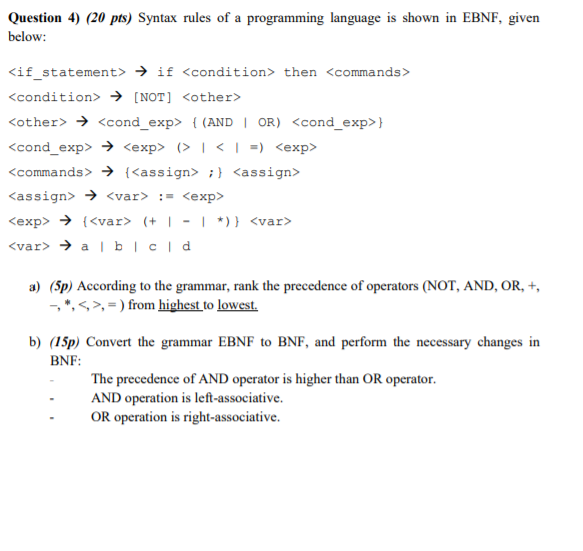 Question 4) (20 pts) Syntax rules of a programming | Chegg.com