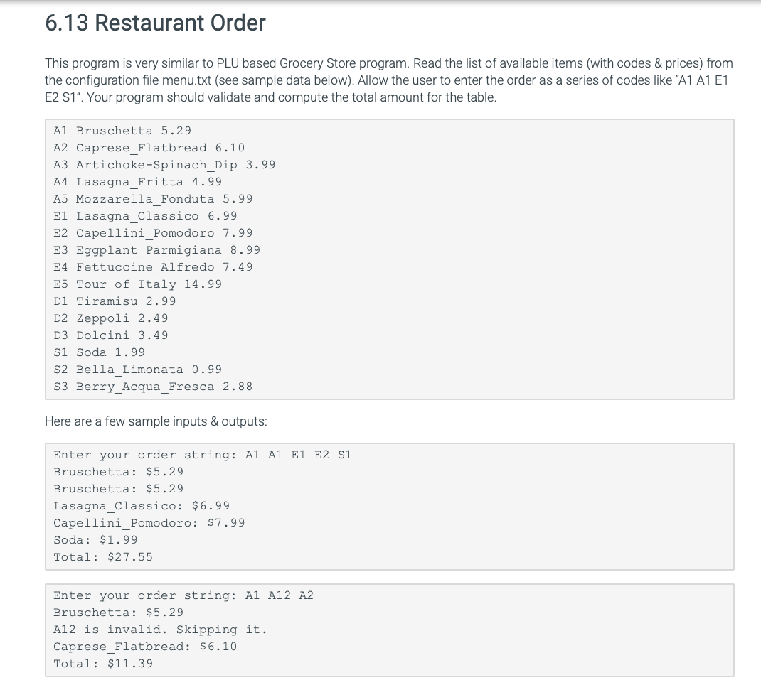 6.13 Restaurant Order This program is very similar to | Chegg.com