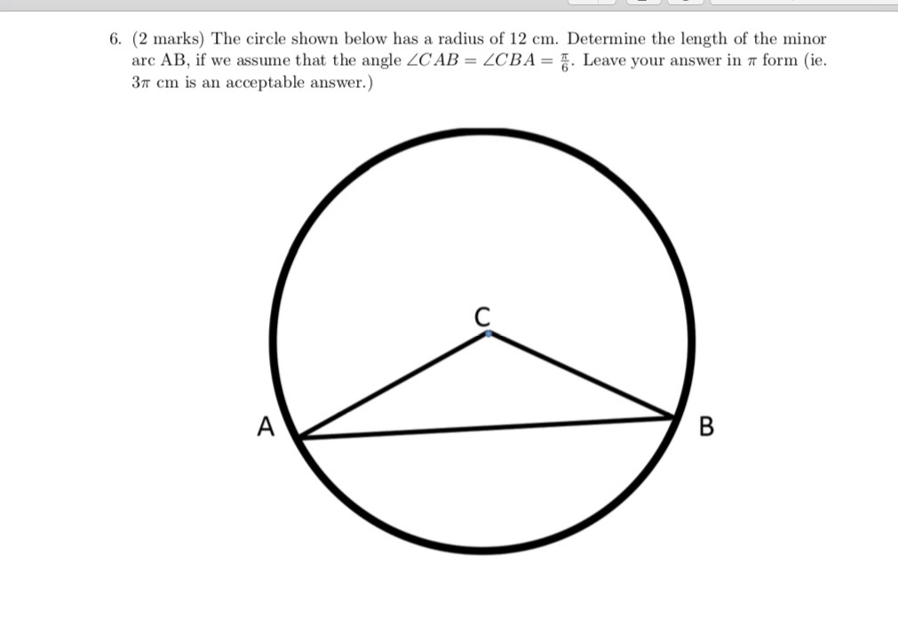 Solved The circle shown below has a radius of 12 cm. | Chegg.com