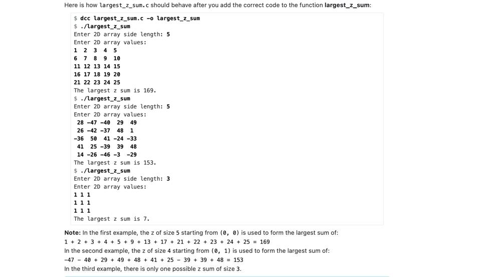 Solved Download largest_z_sum.c here, or copy it to your CSE | Chegg.com