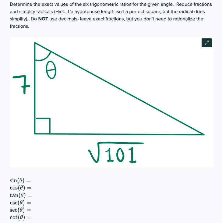 Solved Determine the exact values of the six trigonometric | Chegg.com