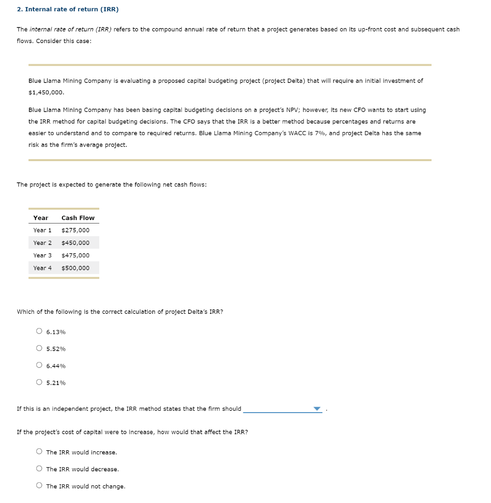 Solved 2. Internal Rate Of Return (IRR) The Internal Rate Of | Chegg.com