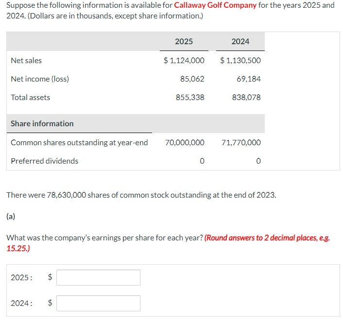 Suppose the following information is available for Callaway Golf Company for the years 2025 and 2024. (Dollars are in thousan