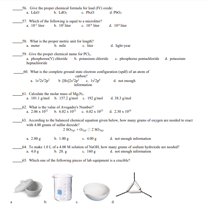 Solved 56. Give the proper chemical formula for lead (IV)