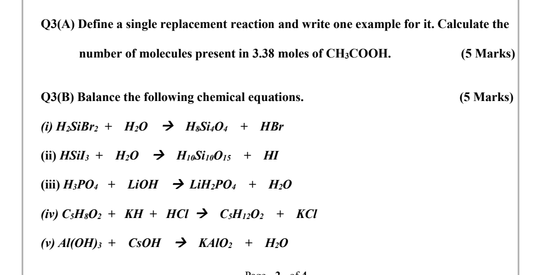 Single Replacement Reaction Example Questions Solved Q3(A) Define a single replacement reaction and write | Chegg.com