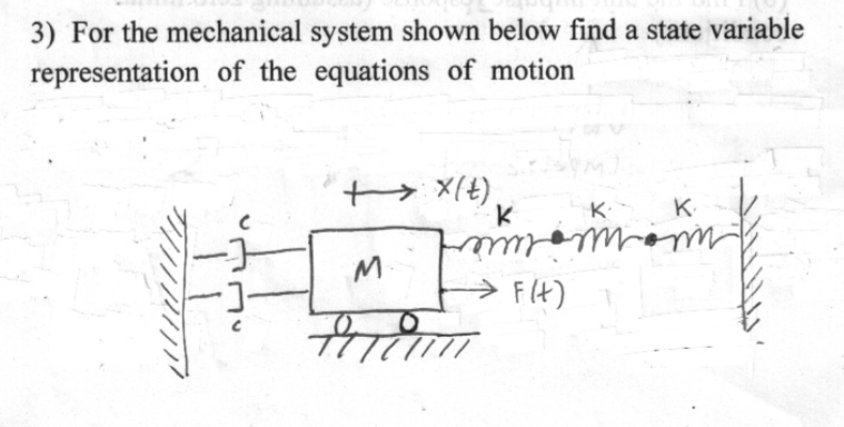 3) For the mechanical system shown below find a state variable representation of the equations of motion