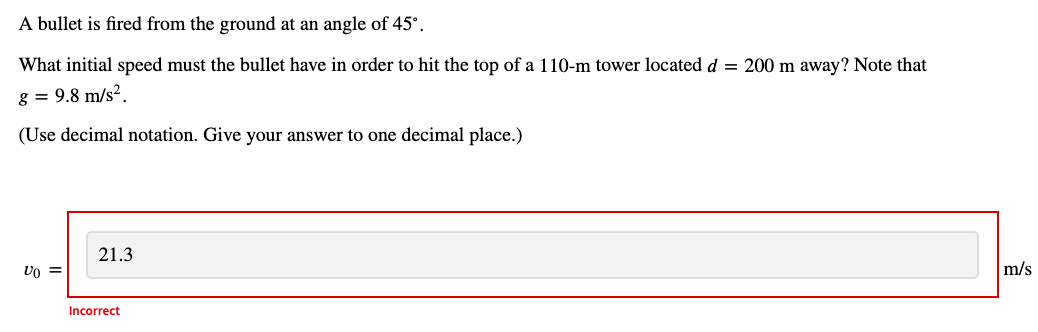 Solved A Bullet Is Fired From The Ground At An Angle Of 45∘. | Chegg.com