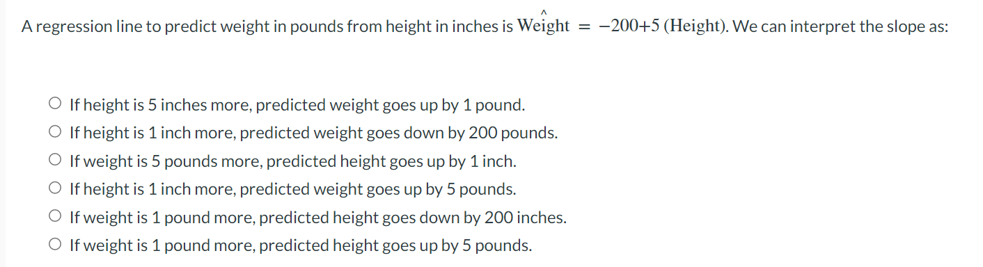 Solved A regression line to predict weight in pounds from | Chegg.com