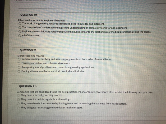 Solved QUESTION 19 Ethics are important for engineers | Chegg.com