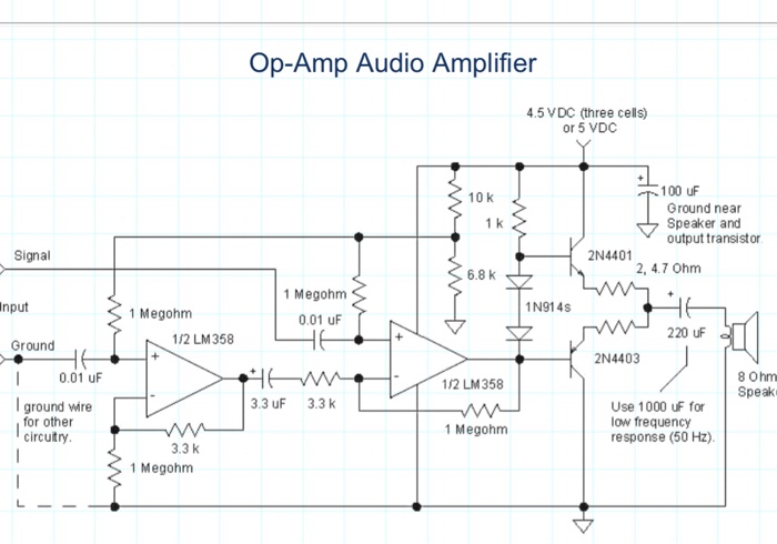 Solved Op-Amp Audio Amplifier 4.5 VDC (three cells) or 5 VDC | Chegg.com