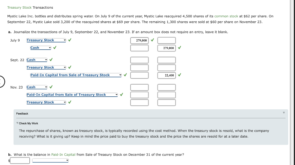 Solved Treasury Stock Transactions Mystic Lake Inc. bottles