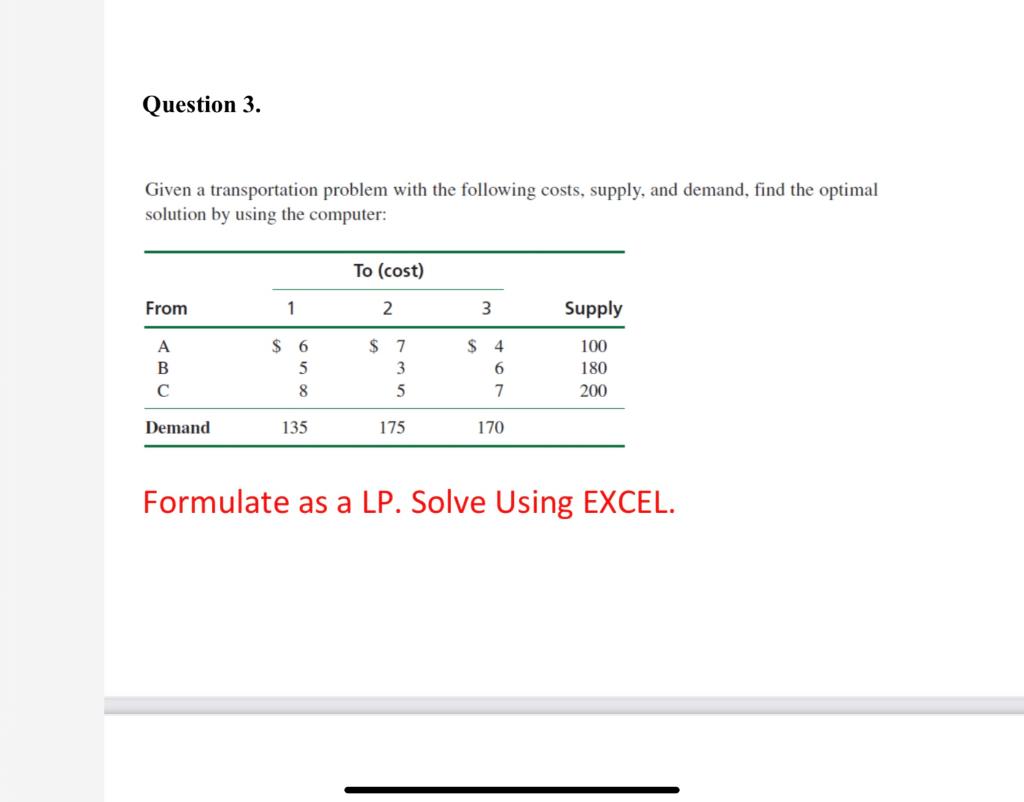 Solved Question 3. Given A Transportation Problem With The | Chegg.com