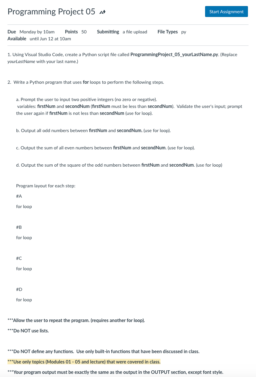 Programming Project 05 Due Monday by 10am Points 50 | Chegg.com