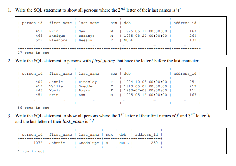 Solved 1. Write the SQL statement to show all persons where | Chegg.com