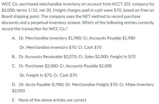 Solved The ACCT 201 Co. Sold Merchandise Inventory On | Chegg.com