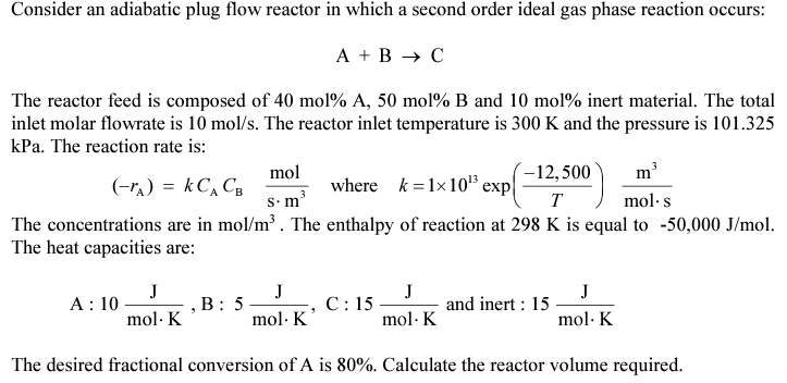 A+B→C The reactor feed is composed of 40 mol% A,50 | Chegg.com