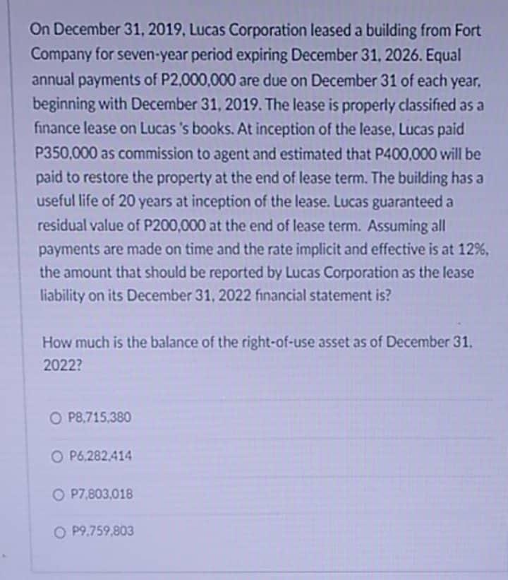 Solved On December 31, 2019. Lucas Corporation Leased A | Chegg.com