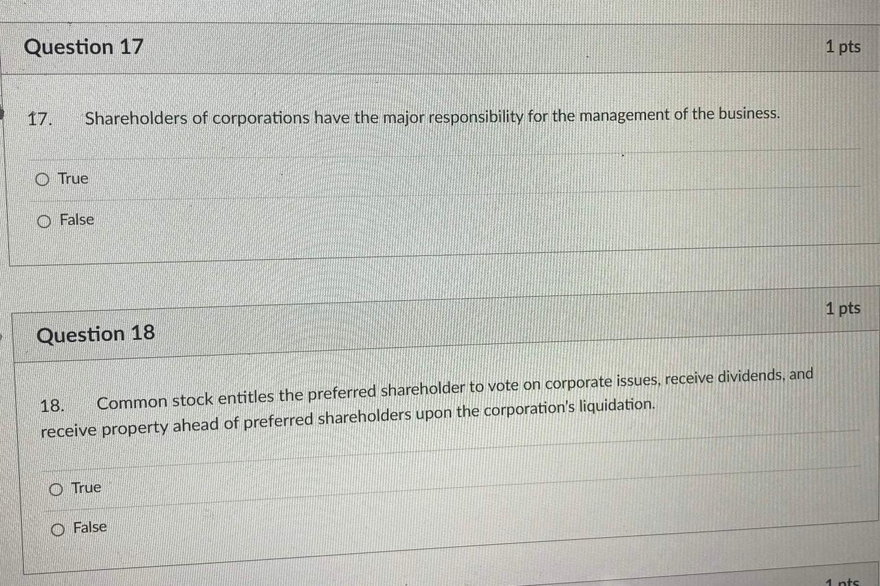 Solved 17. Shareholders Of Corporations Have The Major | Chegg.com