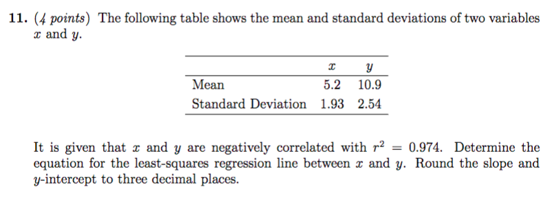 Solved 11. (4 points) The following table shows the mean and | Chegg.com