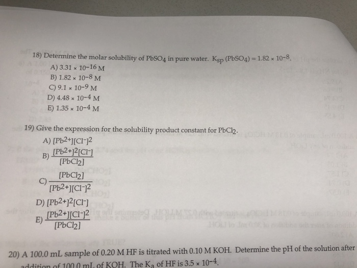 Solved 18) Determine The Molar Solubility Of PbSO4 In Pure | Chegg.com