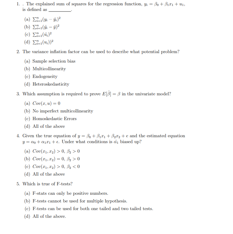 Solved 1. . The explained sum of squares for the regression
