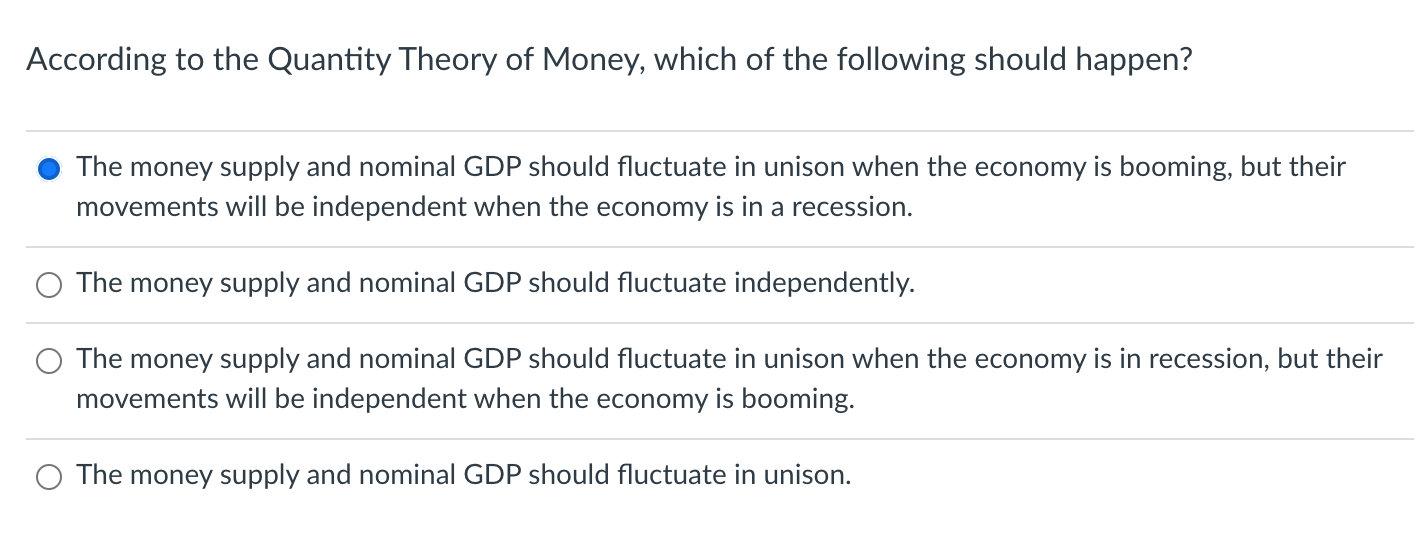 Solved According to the Quantity Theory of Money, which of | Chegg.com