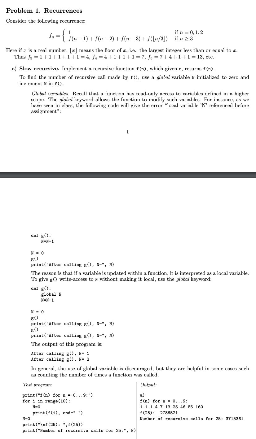 Solved Problem 1. Recurrences Consider the following | Chegg.com