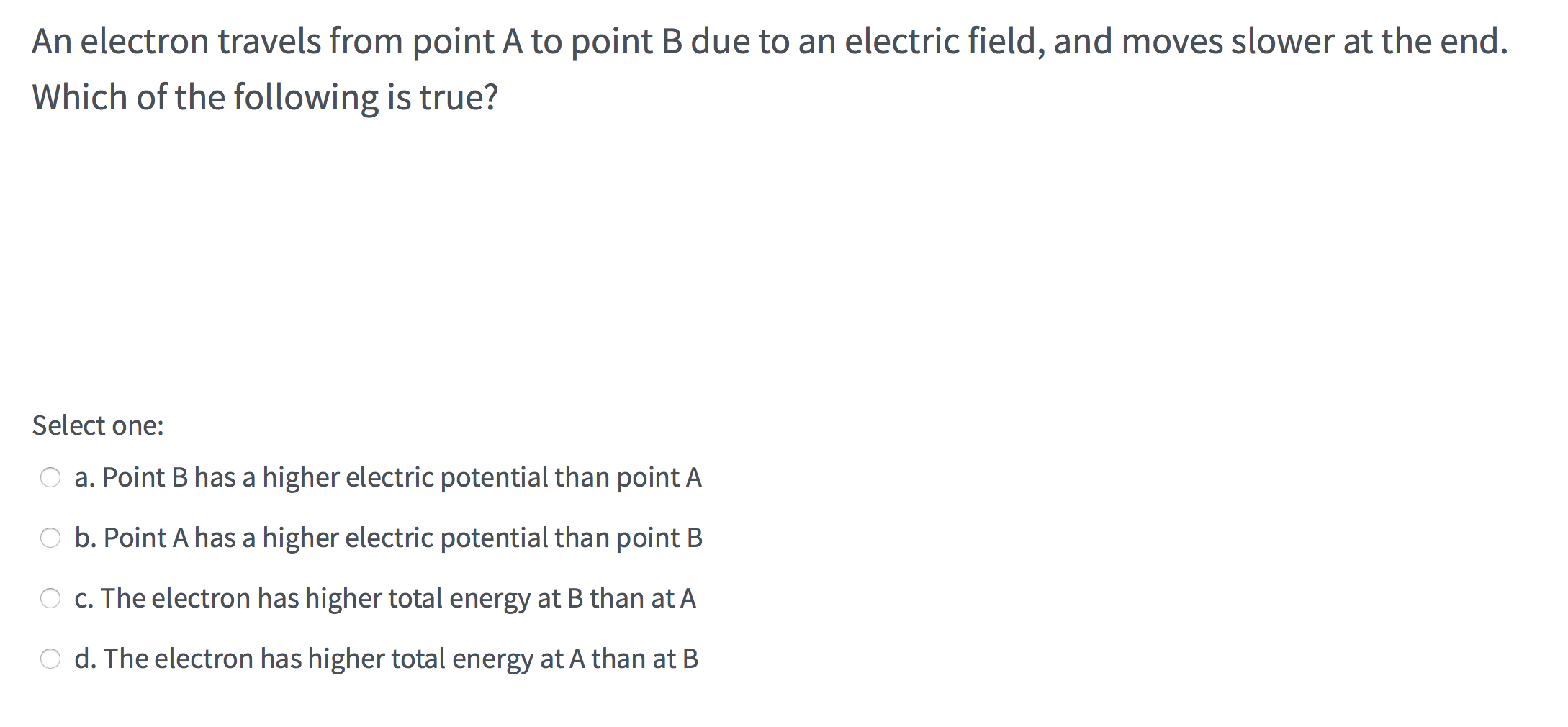 Solved An electron travels from point A to point B due to an | Chegg.com