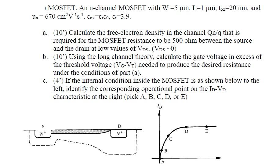 Solved 1 MOSFET: An n-channel MOSFET with W=5μm,L=1μm,tox=20 | Chegg.com